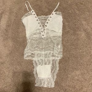 White Lace Tie Up Bodysuit